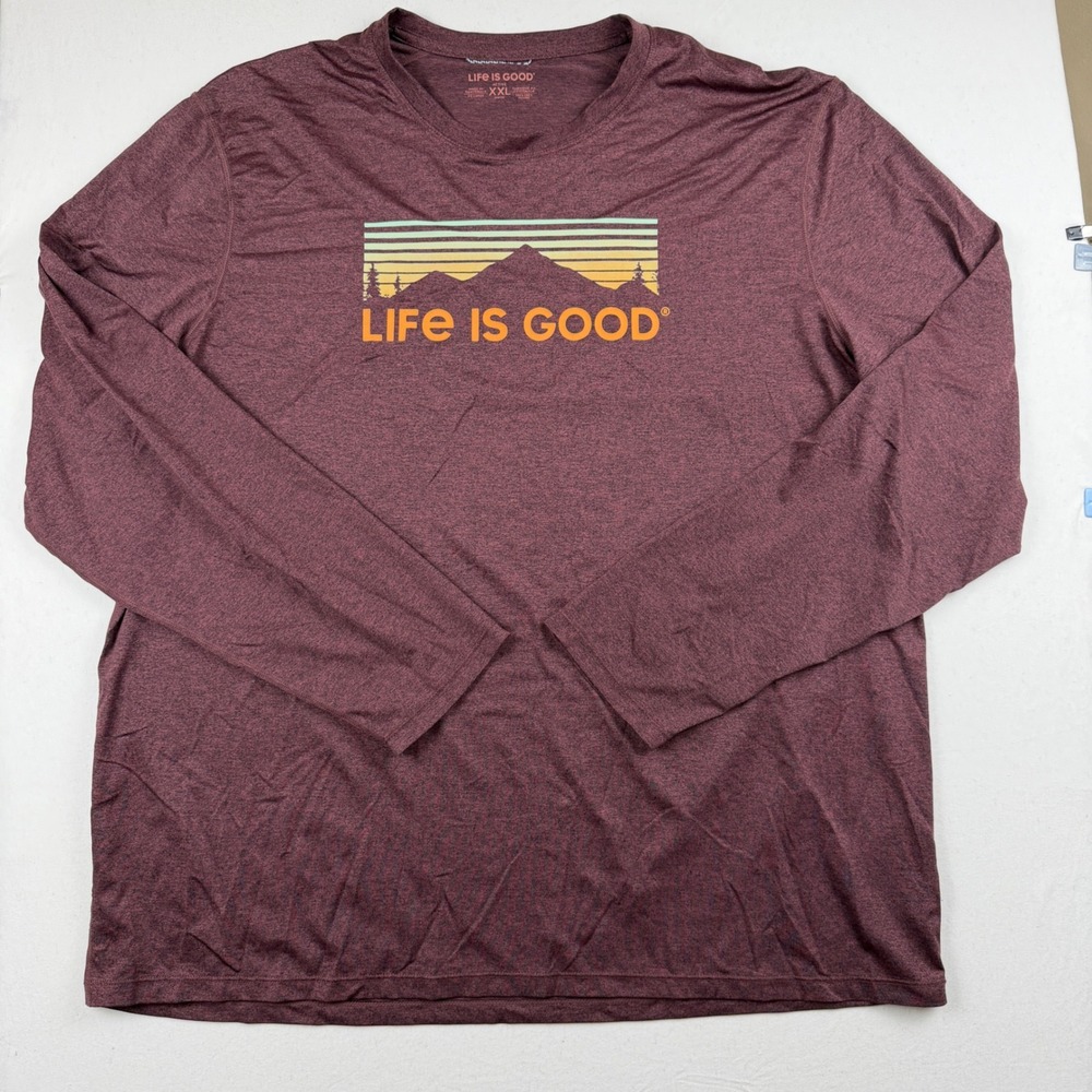 Life is Good Mens XXL Active Long Sleeve Performance Shirt Maroon Mountain Tee